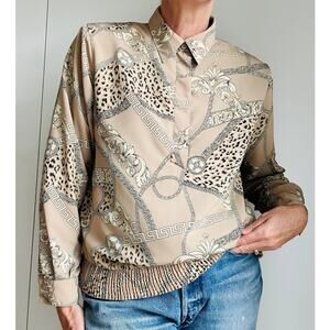 Vintage 80s Regal Print Blouse Size Medium Petite Collared Statement Graphic